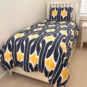 Custom Set of 2 Twin Duvet Covers Navy Yellow White Geometric Reversible & Shams